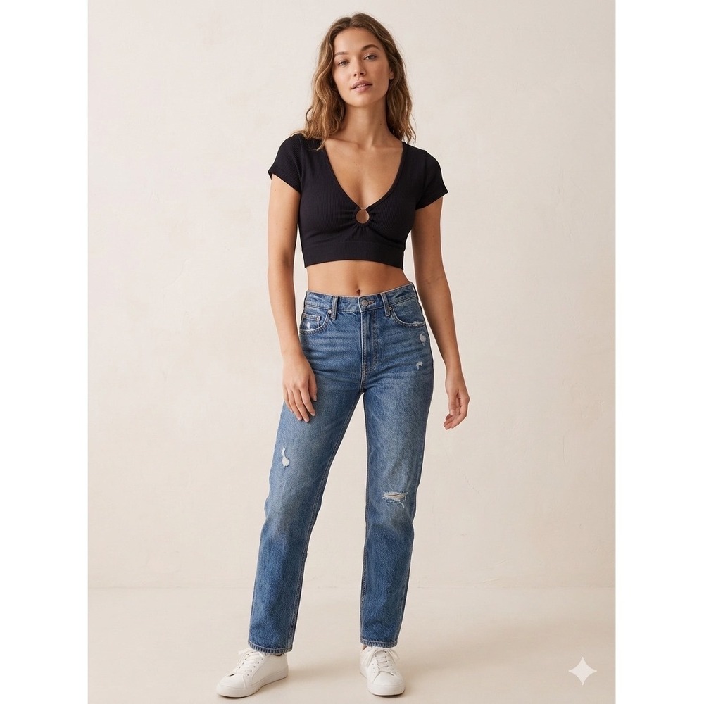 Aerie Women Black Ribbed Seamless‎ O-Ring Crop Top Short Sleeve Size M